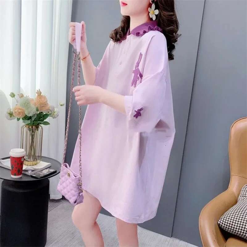 Embroidery Woman Tshirt Short Sleeve Polo Neck T Shirt for Women Pulovers Original Korean Popular Clothes Youthful Elegant Basic