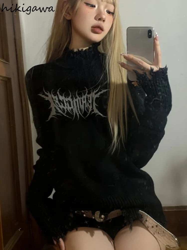 Punk Print Women Sweater O-neck Casual Fashion Jumper Pull Femme Streetwear Hole Tassel Knitted Y2k Pullovers Tops Sueter Mujer 250614