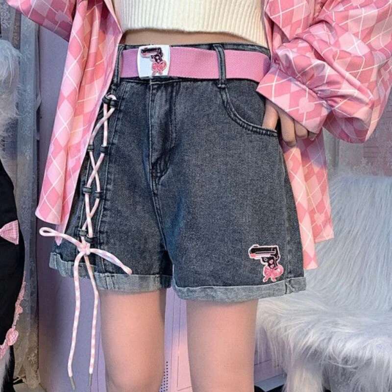 Kawaii High Waist Denim Shorts for Women Low Price Youthful XL Japanese 2000s Style Y2k Vintage Elasticty Short Jean Pants Woman