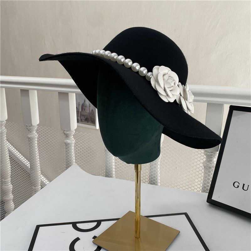 Elegant Socialite Pearl Flower Bride Hat French Style Black Wide Brim Hat and Graceful British Style Wide Brim Hat 250615