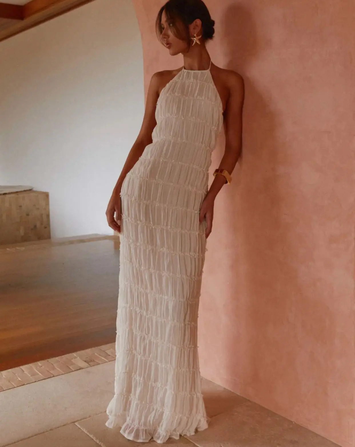 Cryptographic Summer Sexy Backless Frill Hem Maxi Dress Outfits Holiday Sleeveless Halter Bandage Sun Dresses Beachwear Solid 250614