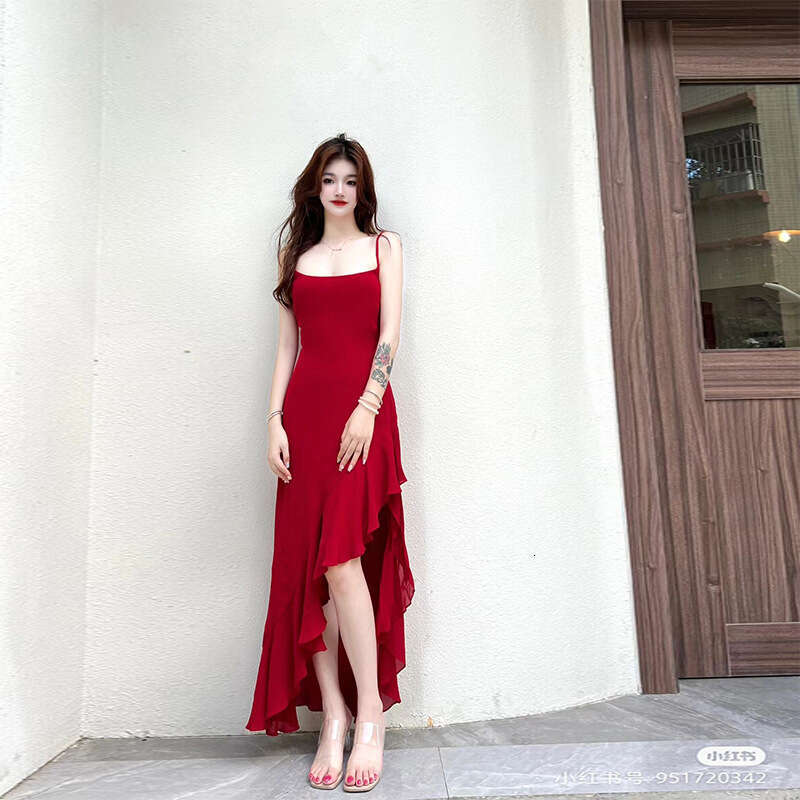 Clothes Women Designer Designer Dresses for Women Vestidos 705 Summer New 2025 Rayon Solid Color Square Neck Asymmetric Ruffle Mid-length Strap Dress