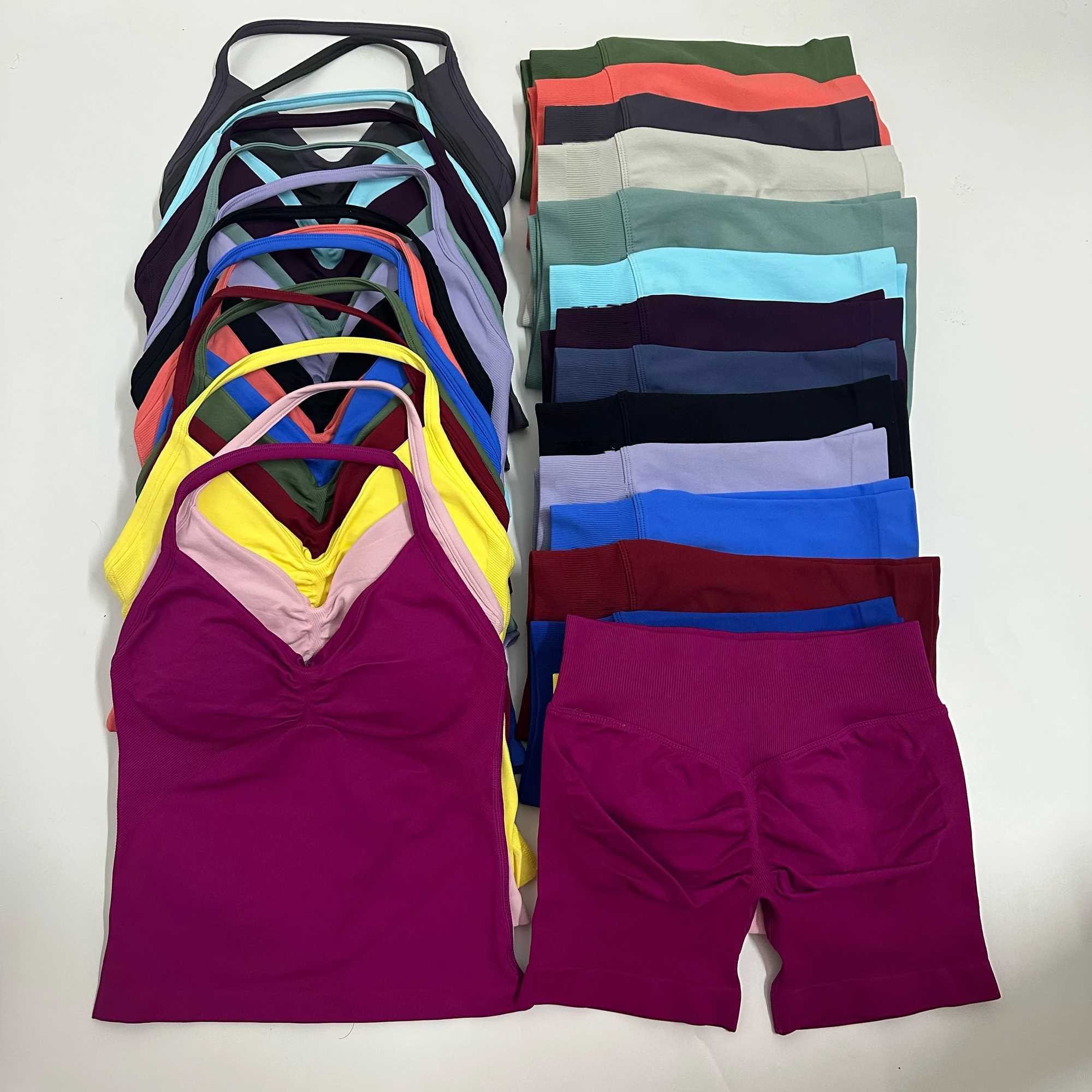 2 Pieces Women Set Seamless Longline Strappy Tank Top Scrunch Sports Shorts Gym Clothes Woman Summer Workout Outfit W250617