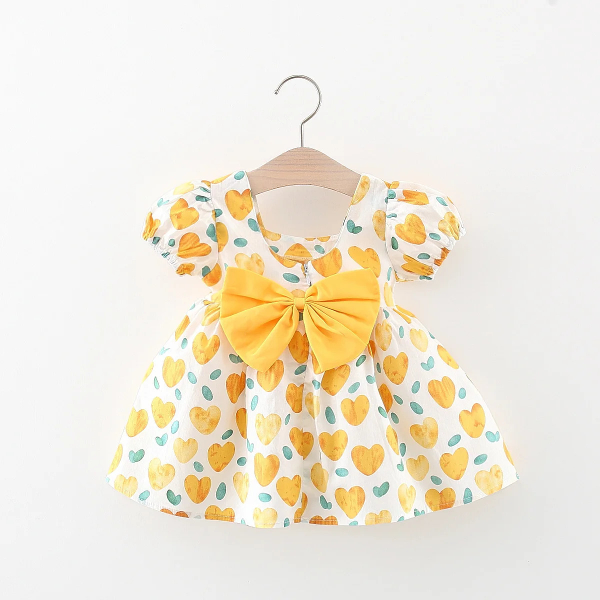 Baby Girl Summer Cotton Love Print Bow Small Square Neck Dress Girl Korean Fashion Bubble Sleeve Party Dress 250617