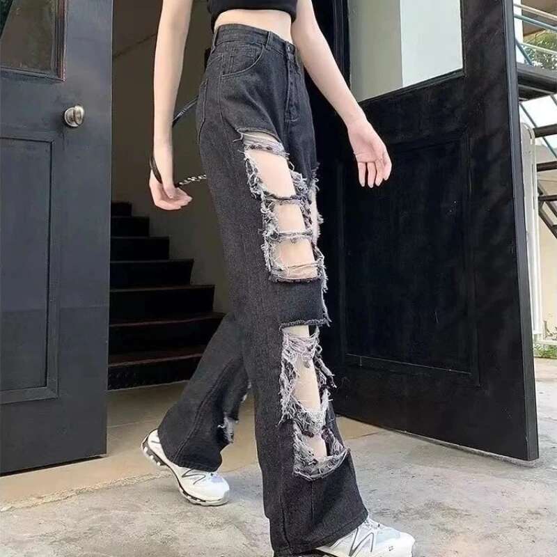 Wide Leg Womens Ripped Jeans With Holes Trousers High Waist Shot Stretched Cool Cowboy Pants for Woman Hippie Z Luxury Designer