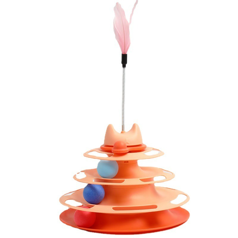 4-Tier Roller Track Cat Toy Tower with Feather Teaser Ball, Interactive Kitten Play Toy