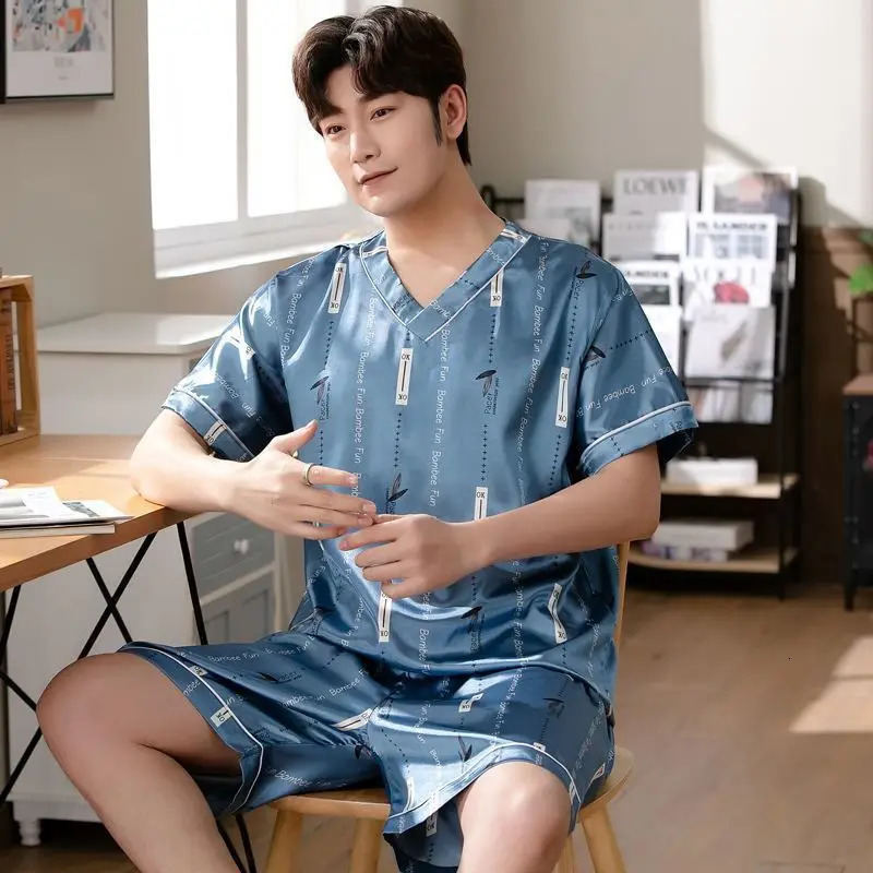 Pajamas Men Ice Silk Thin ShortSleeved TwoPiece Suit Korean Version of the Loose Large Size Home Clothing with Letters 250614