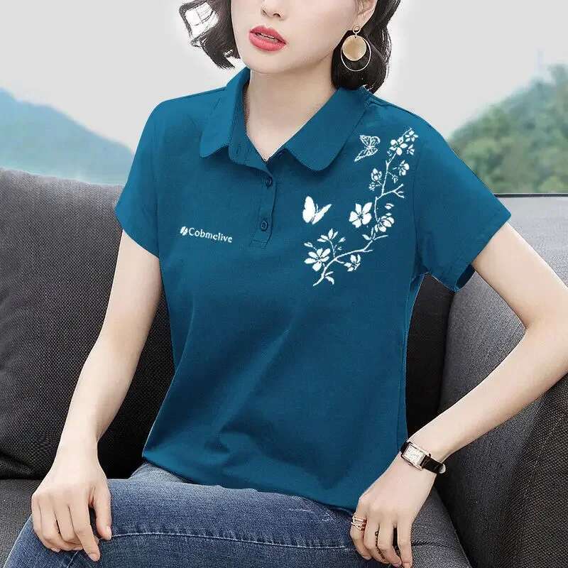 Short Sleeve Polo Neck T Shirt for Women Cotton Woman Tshirt Womens T-shirt Clothing Sales in Trend 2025 Y2k Fashion Youth