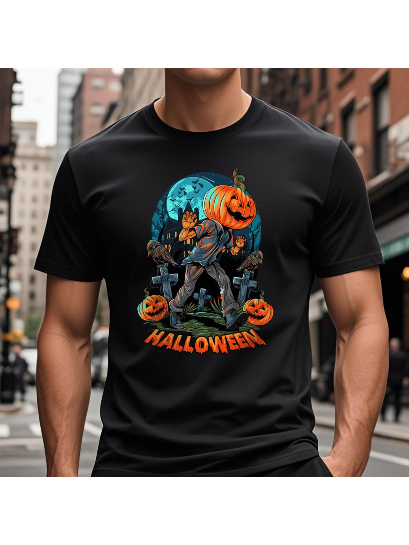 Dongdumaoyi Adult Men Short Sleeve 180G S-3Xl T Shirts Round Collar White Graphics Black Cotton Halloween c8ce