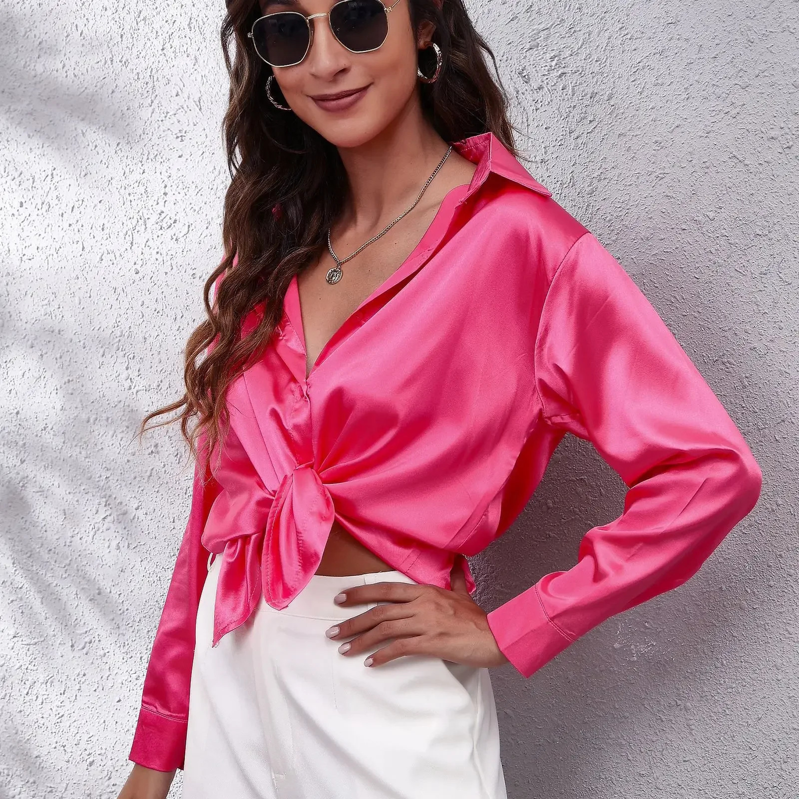 Autumn Women Solid Satin Shirt Long Sleeve Silk Loose Button Up Blouse Shirt Ladies Tops Fashion Clothing 250616