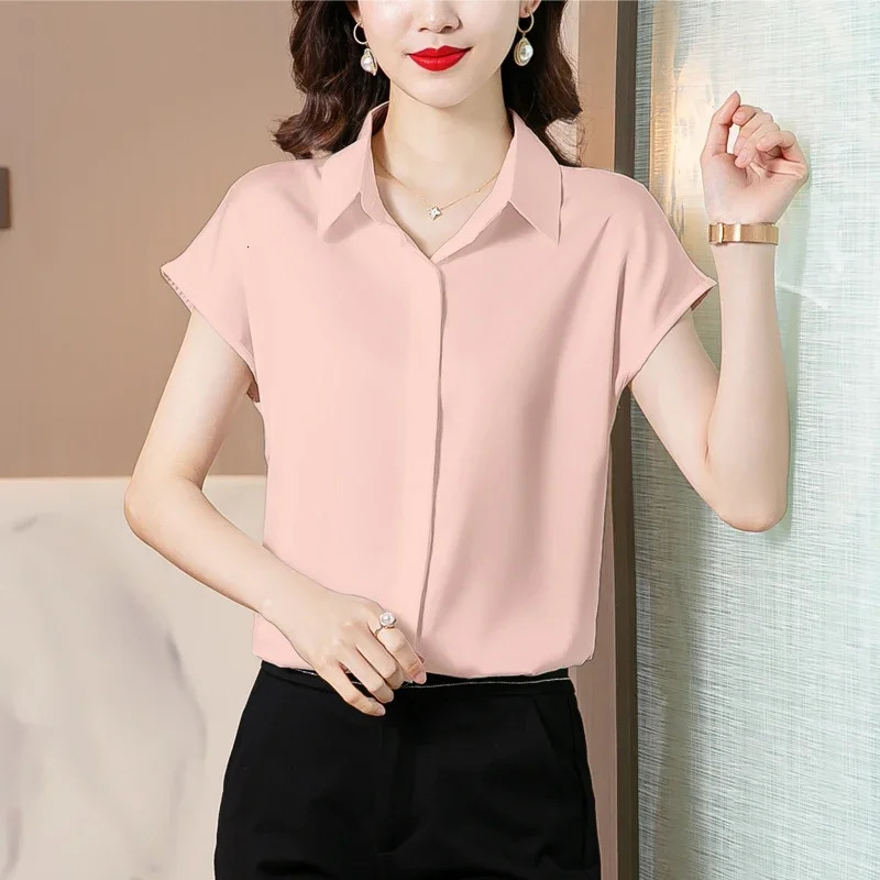 Vintage Blouse Women 2025 Summer Satin Shirt Silk Elegant Womens Tops Short Sleeve Blouses and Shirts Fashion Women Clothing 250614