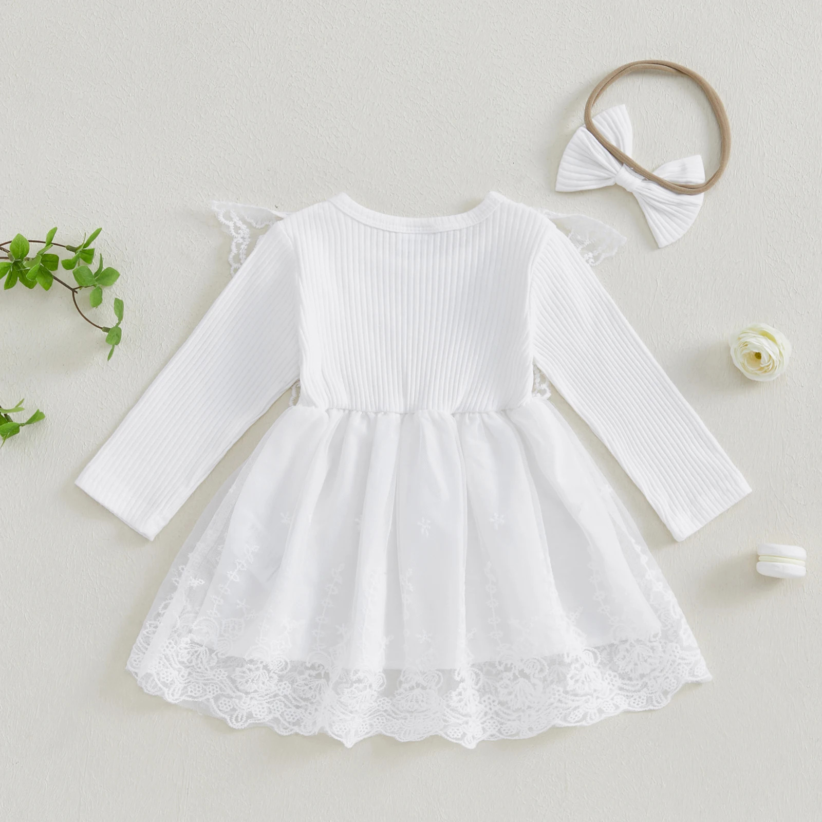 Baby Girl Autumn Dress Cute Ruffle Long Sleeve Lace Patchwork Tulle Dress with Bowknot Headband 2Pieces Fall Outfit for Infants 250617