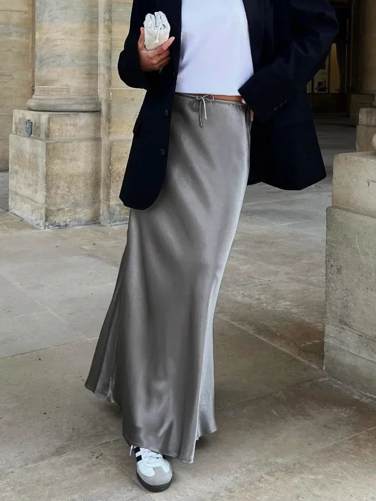 Grey High Waist Skirts for Women Fashion Temperament Elegant Black Satin Skirt Classics Versatile Slim Long Skirt Summer 250614