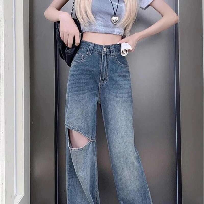 With Holes Womens Jeans Wide Leg Female Cowboy Pants on Sale Clothes Harajuku Fashion 90s Shiny Teenagers Vibrant Cool Trousers