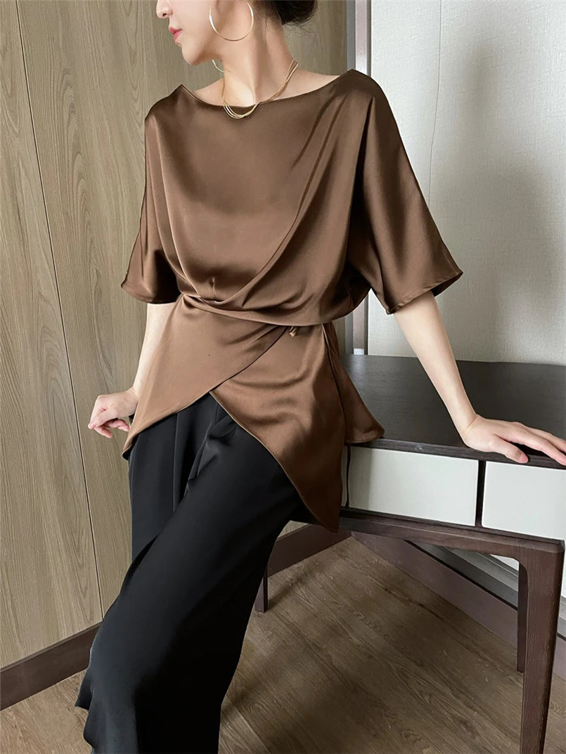 Half Sleeve Chic Woman Blouse Summer Tops Belt Irregular Womens shirt Blouses seda blouse blusas elegantes femeninas 250614