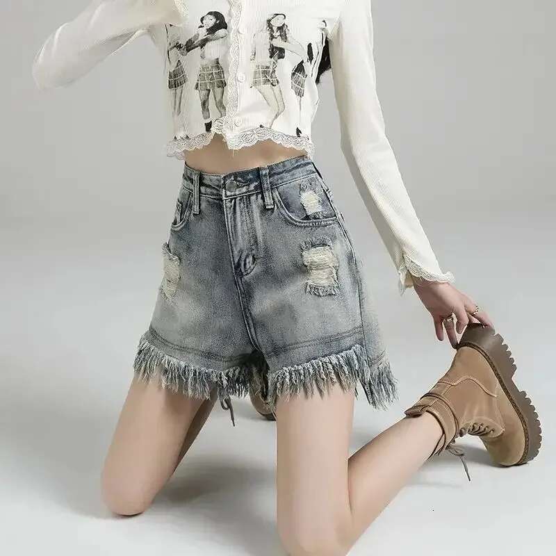 Summer High Waist Ripped Denim Shorts for Women Low Price Japanese 2000s Style Short Jean Pants Woman Design Elegant XL Jorts
