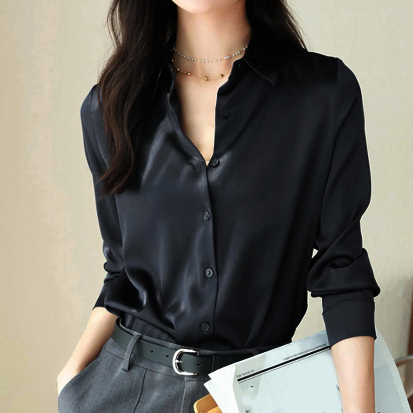 Korean Reviews Clothes Satin Silk Shirt Button Down Shirt Casual Loose Long Sleeve Office Work Long Edition Blouse Ropa De Mujer 250614