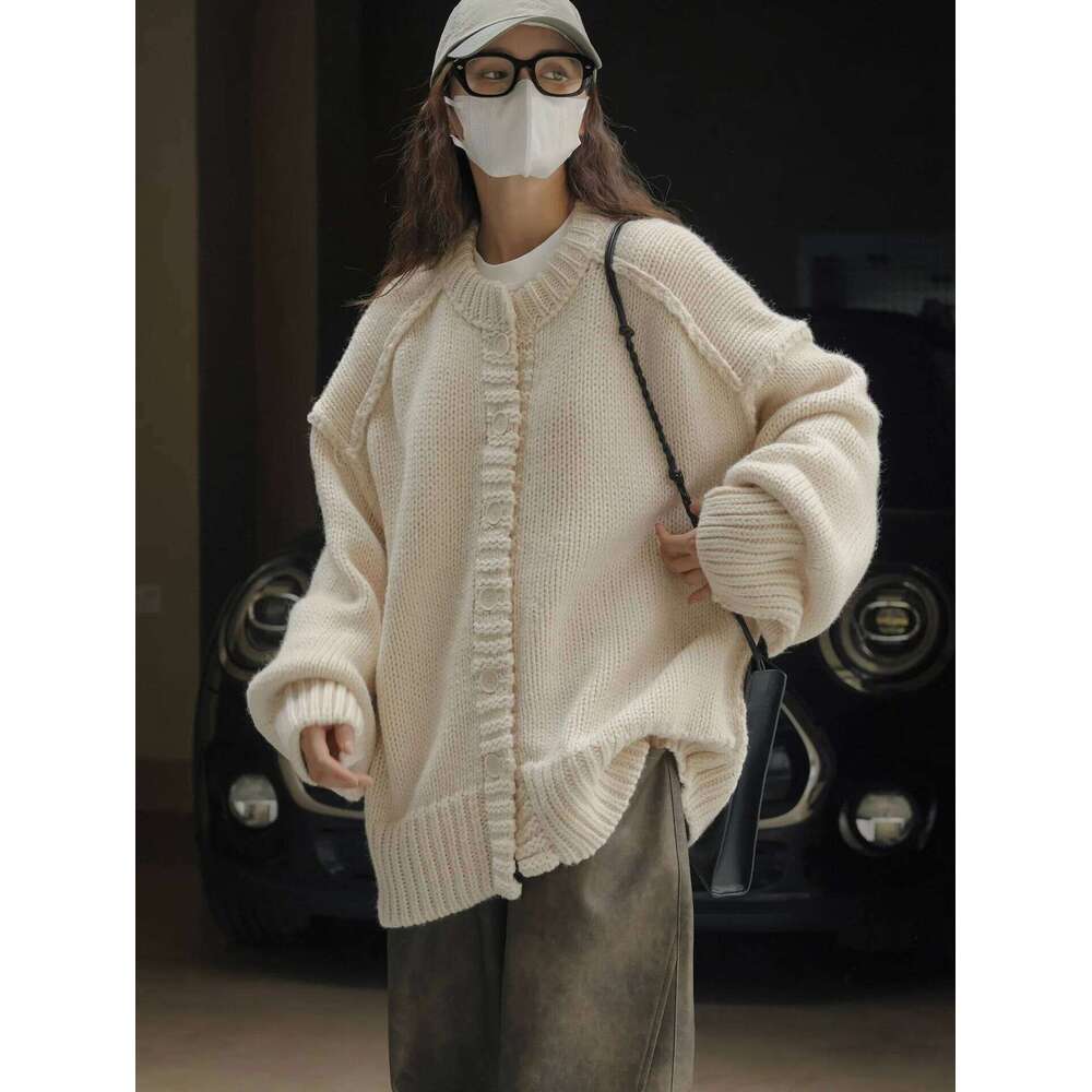 Autumn and Winter Women's Casual Solid Round Neck Long Sleeve Loose Cardigan Sweater
