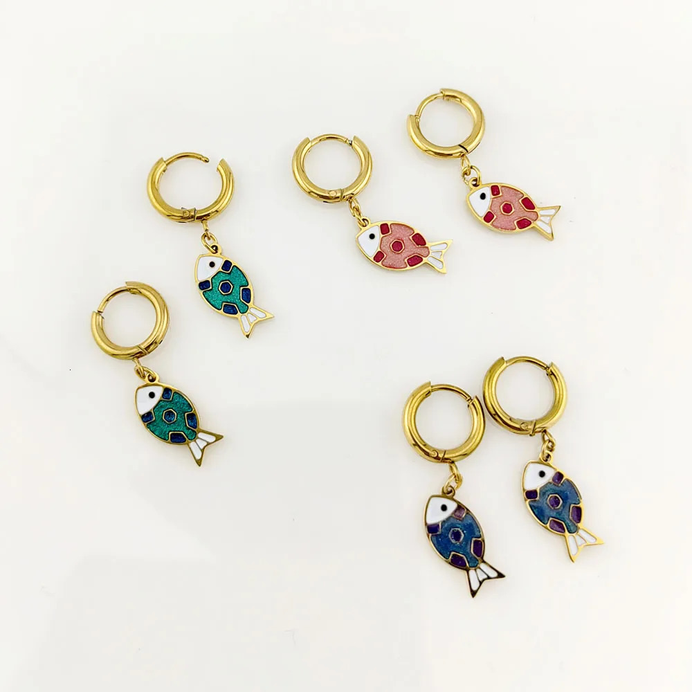 In 316 Stainless Steel Gold Plated Fish Earrings Woman Sea Animal Pendant Hoop Earrings 250610