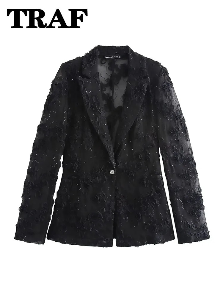 TRAF Elegant Women Sets Solid Color Sequin Decorative Semi Transparent Pants Set Flower Texture Blazer Top For 2 Piece 250612