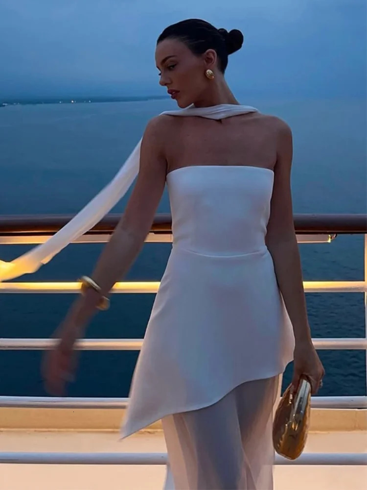 White Mesh Scarf Neck Strapless Long Dress Fashion Off Shoulder Sleeveless High Waist Slim Split Robe Lady Party Beach Gown 250612