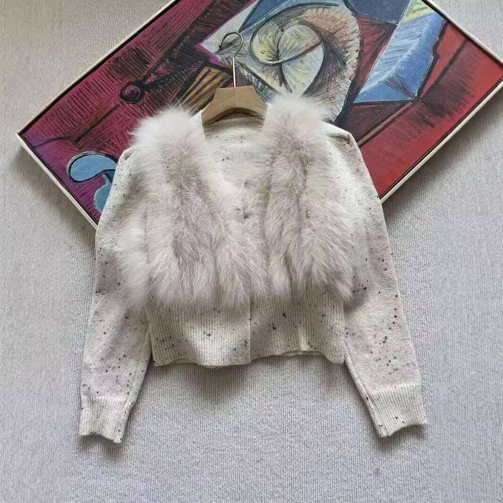 2024 Women Knitted Sweater Coat With Real Fox Fur Loose Long Sleeve V-neck Cardigan Jacket Female Warm Outwear
