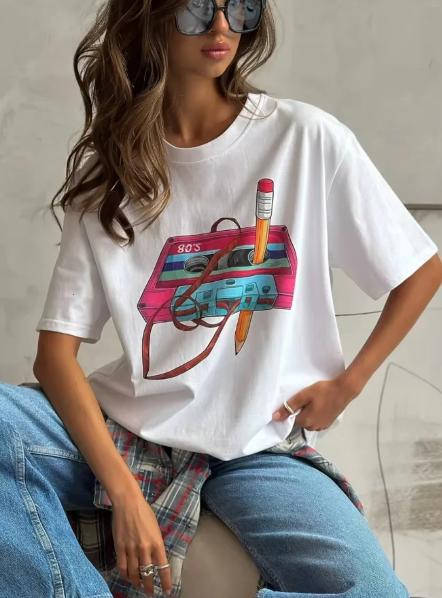 summer Womens Fashionable Printed T-shirt Casual Vintage Short-sleeve Printing T Shirts Fashion Hip Hop Loose Top 250617