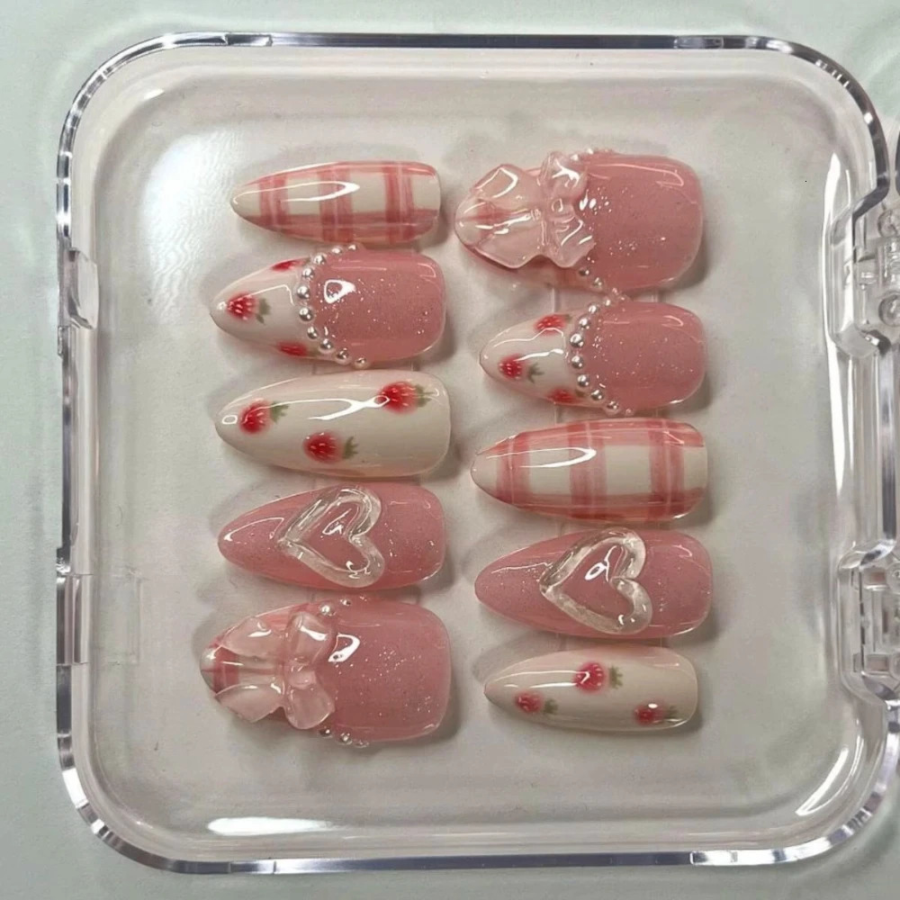 10 Pcs Handmade Press On Nails Advanced French Elegance 3D INS Y2k Pink Bow Medium Almond Fake Nails DIY Nails with Set 250612