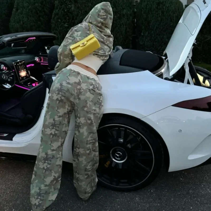 Camouflage Sports Two Piece Sets Womens Outifits Street Hip-hop Womens Two Peice Sets Slim Hoodie Casual Loose Sports Pants 250614