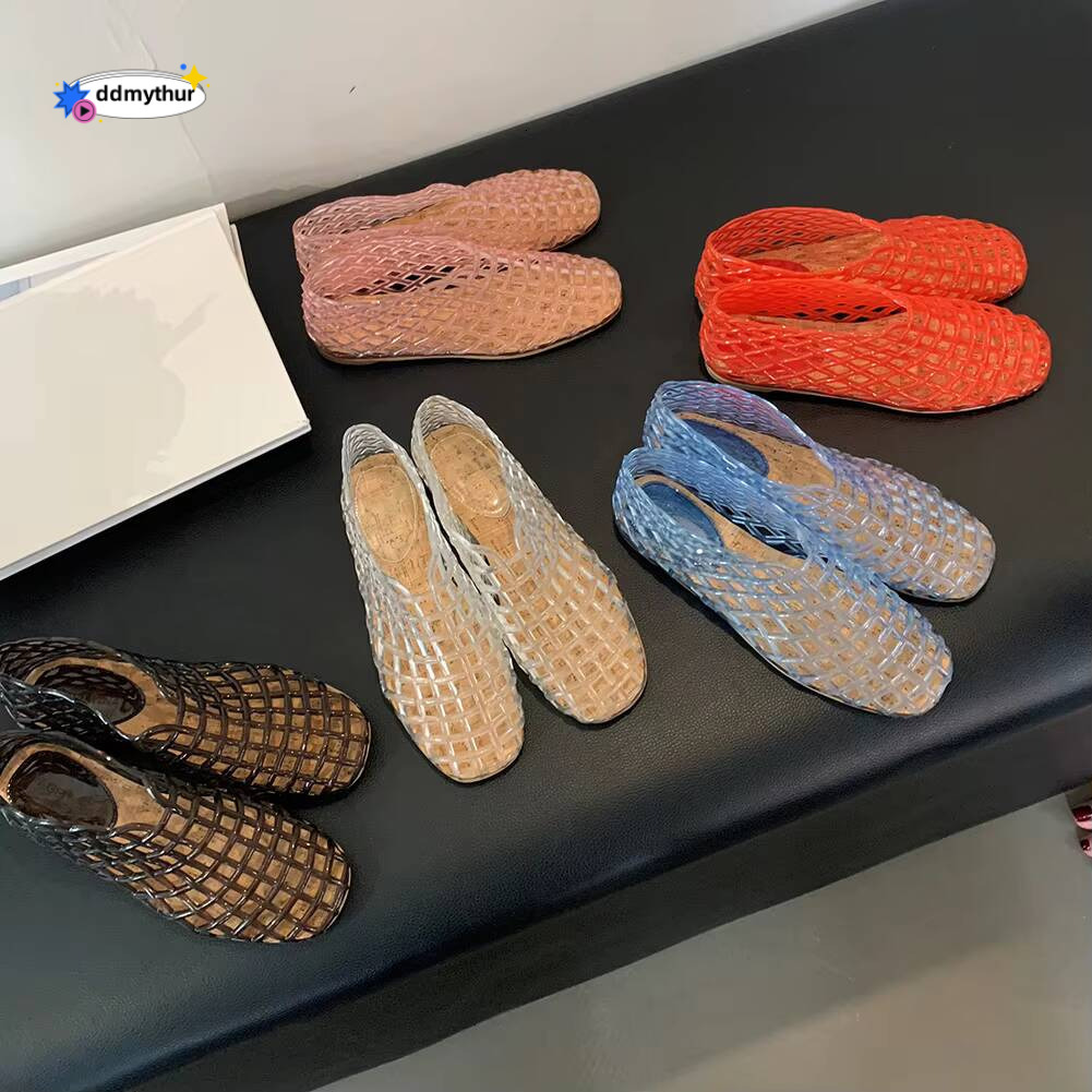 Women Jelly Fashion Slip-On Square Toe Hollow Out Ballet Flats Breathable Casual Flat Sandals for Summer Beach ddmythur