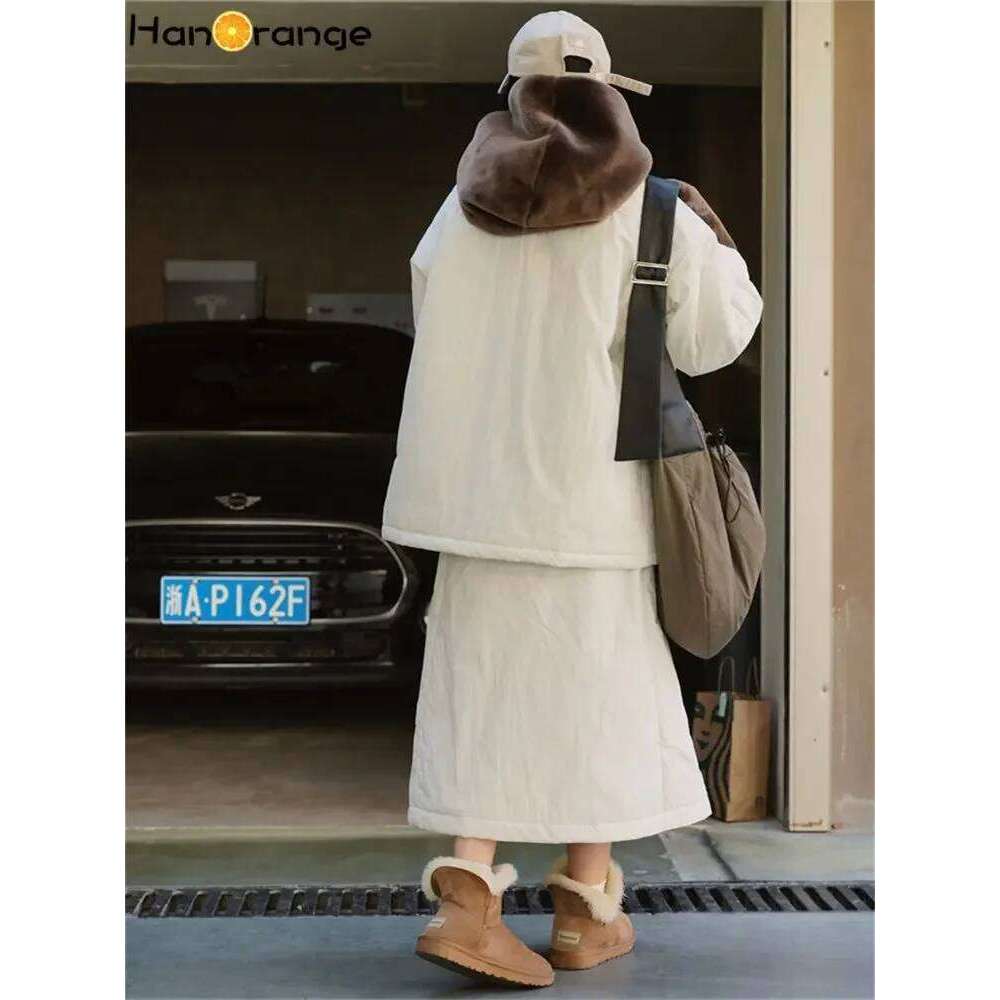 HanOrange 2024 Winter Single Breasted Lazy Parkas Women Cotton Padded Jacket Loose Silhouette Warm Coat Female Apricot, Navy