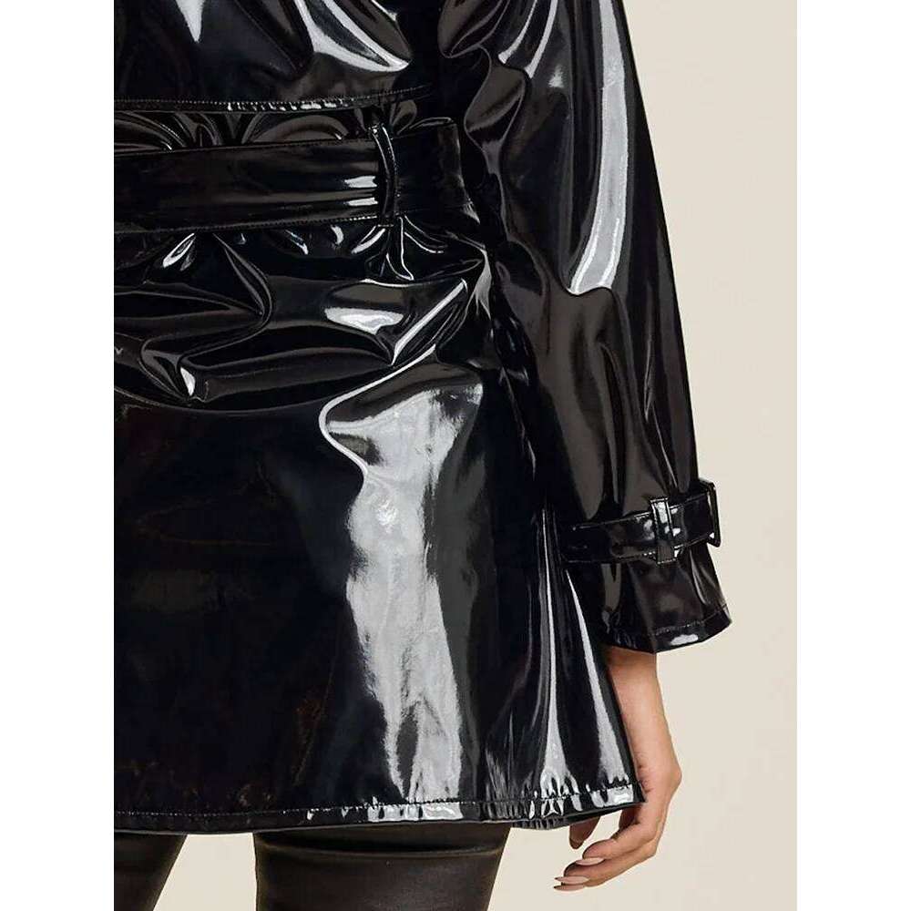 Women Shiny Faux Leather Jacket Overcoat Ladies Solid Color Glossy PU Waterproof Trench Coat With Belt Sexy Gothic Casual Custom