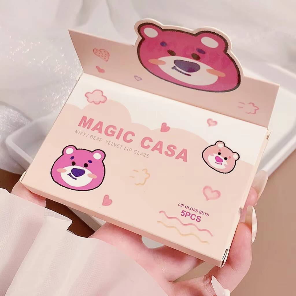 MAGIC CASA five packs of Naughty Bear Lip Glaze Set matte velvet non-stick cup is not easy to fall color lipstick happy