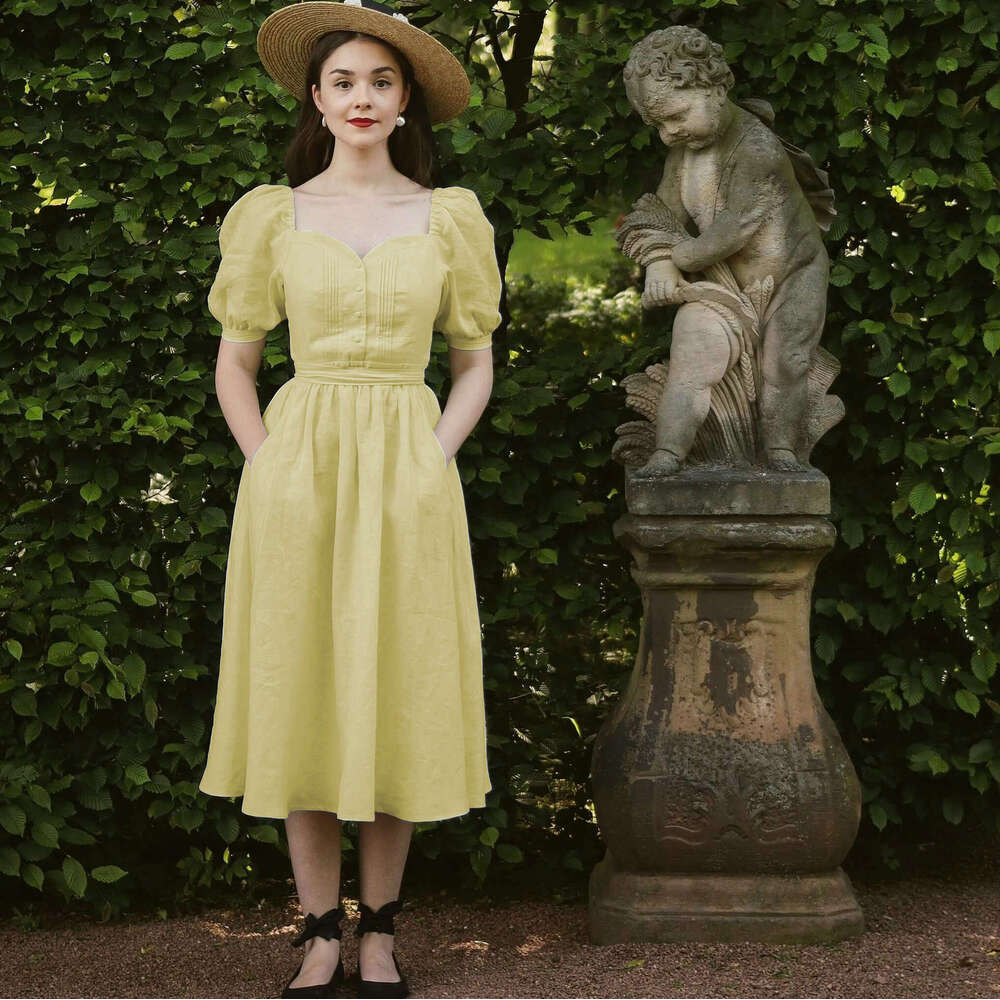 Dresses Buttock Vestido Womens Dresses Dress N588 Summer 2025 Solid Color Linen Off-shoulder Short Sleeve Dress Mid-length Waist-cinching French Style