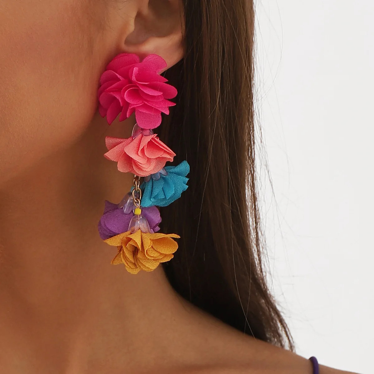 Exaggerated Boho Colorful Cloth Simulation Flowers Tassel Drop DangLe Earrings for Women Floral Eye-catching Statement Jewelry 250610