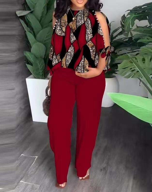 VONDA Womens Fashion Pants Set Summer Cold Shoulder Casual Loose 3/4 Sleeve Top Retro Printed Bohemian Set 241126