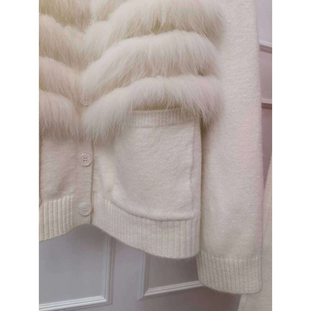 2024 New Spring Autumn Women's Real Fox Fur Knitted Cardigan Coat With Skirt Special Sweater Femeale Suit Long Sleeves