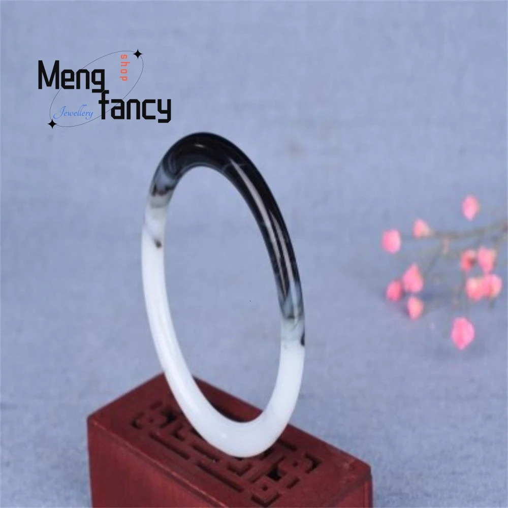 Natural Hetian Jade Bracelet Black White Flowers Charm Fashion Retro Fine Jewelry Elegant Girl Couple Bangle Holiday Gift 250616