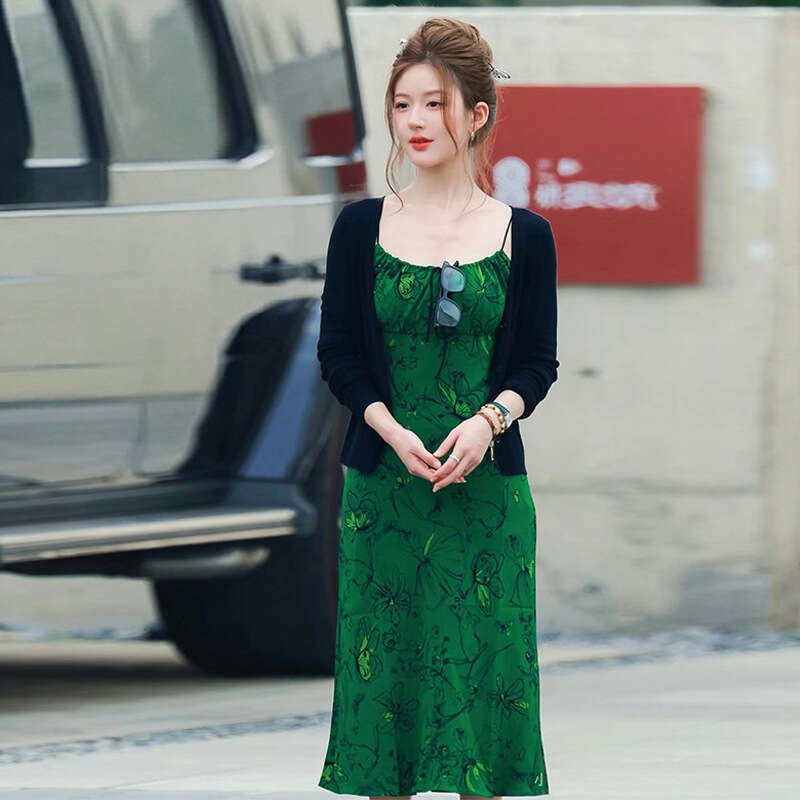 Maxi Dress Bodysuit Skirt Dress Festival Wedding Guest Dress for Women 762 Zhao Lusi Celebrity Style Green Ballet Girl and Butterfly Print Silk Slip D