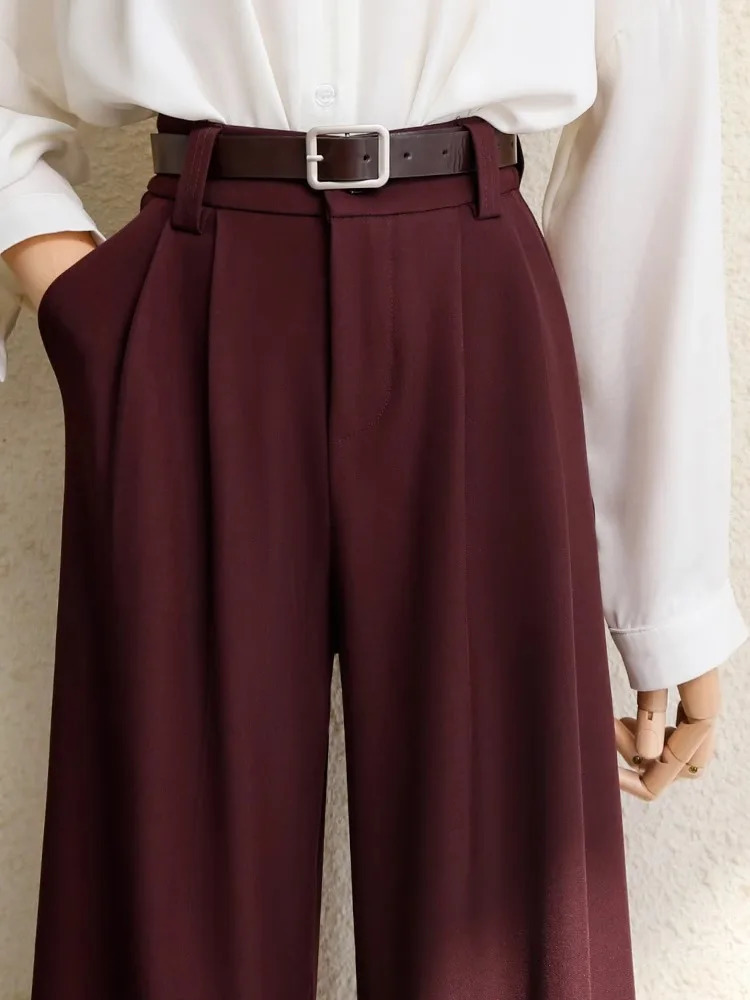 Spring 2025 Burgundy Suits Pants for Women Office Lady Elegant High Waist Wide Leg Fashion Trousers with Pockets Black Gray 250616