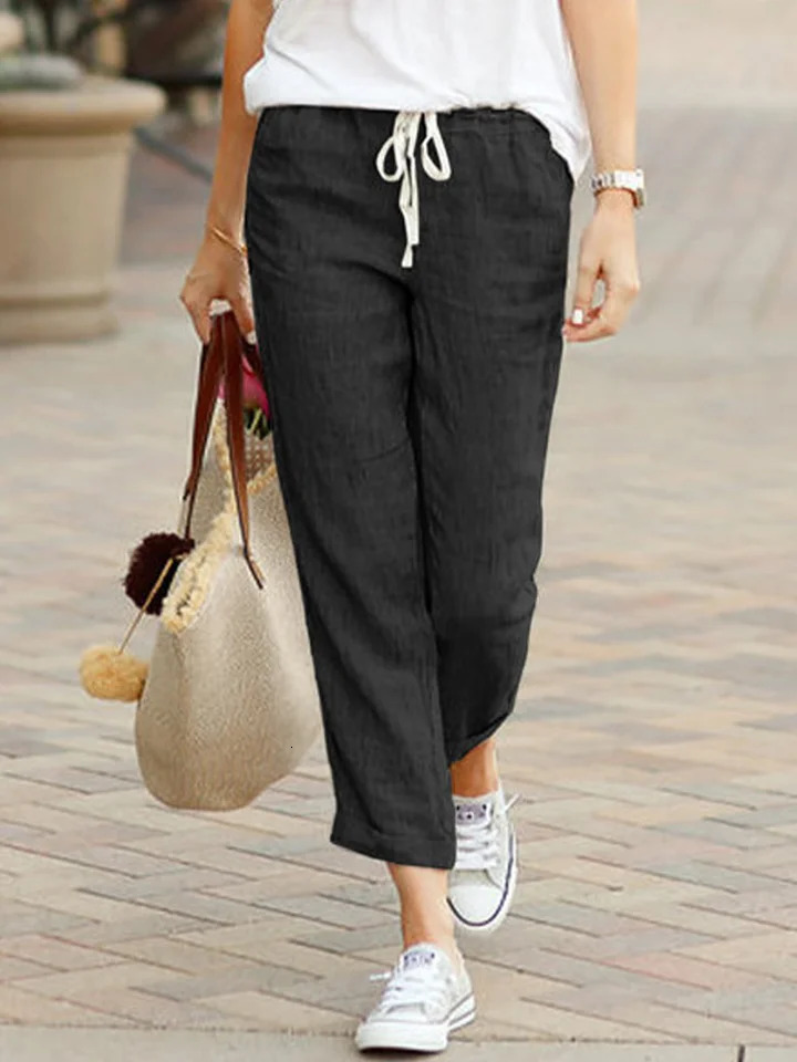Women Elegant Simple Pants Fashion Drawstring Solid Color Cropped Pants Loose Causal Elastic Waist Office Lady Trousers 250616