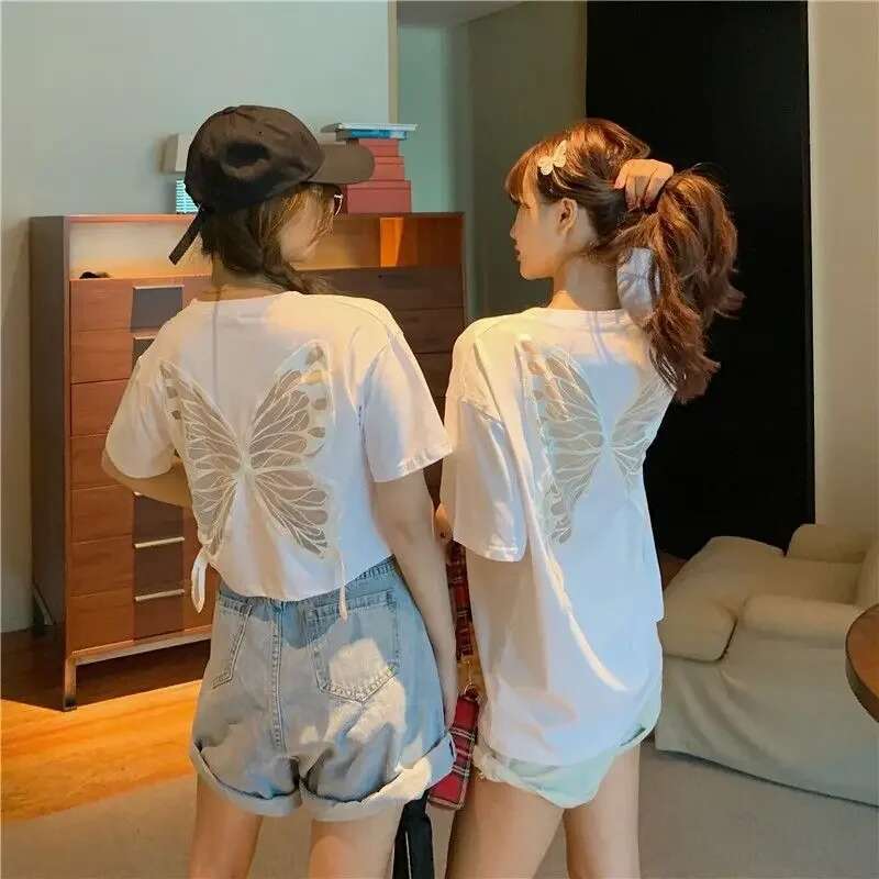 Womens T-shirt Mesh Cotton Female Top 90s Vintage Harajuku Fashion Korean Yk2 Goth Y2k Clothing Pulovers Youthful Clothes 2025
