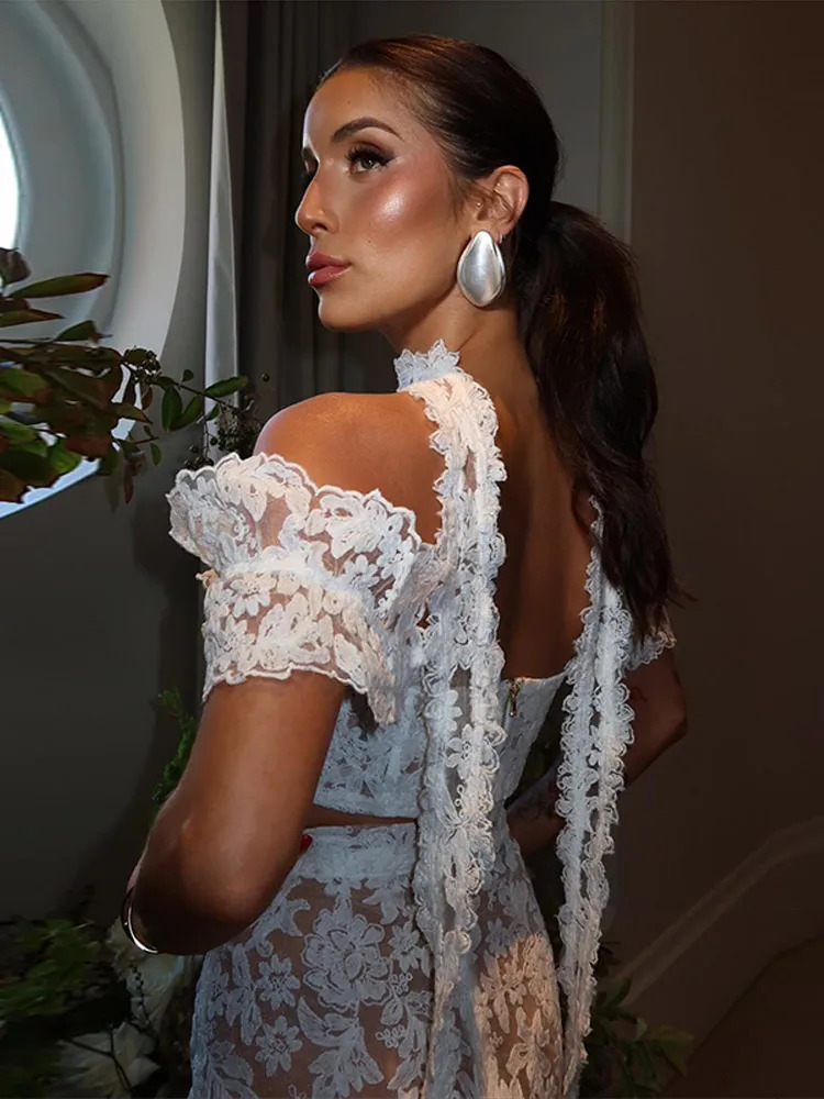 Sexy Lace Hollow Out Skirt Set Women Square Collar Ribbon Crop Top A-line Mini Split Skirt Female Sets 2025 Summer Lady Suit 250614