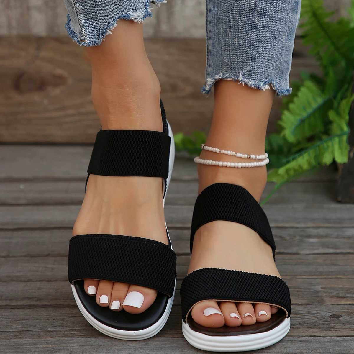 Womens Knit Elastic Cloth Wedge Sandals Slip on Lightweight Walking Sandals Ladies Plus Size Comfortable Summer Shoes for Women Z250617