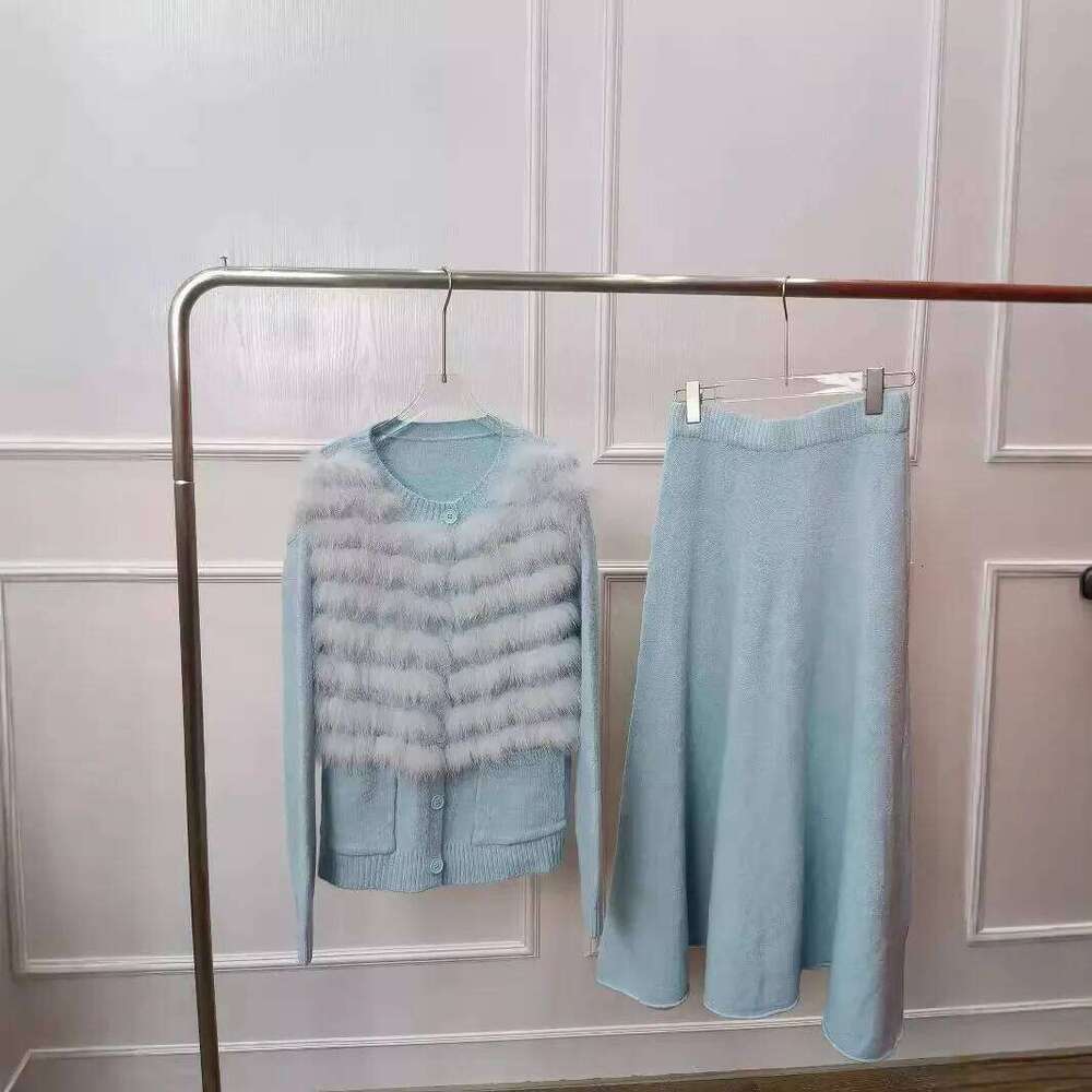 2024 New Spring Autumn Women's Real Fox Fur Knitted Cardigan Coat With Skirt Special Sweater Femeale Suit Long Sleeves