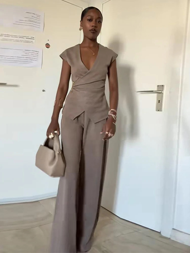 Pin Double Breasted V-neck Top Pants Womens Set Sleeveless Top Wide Leg Mid Waist Trousers Spring Summer Commuting Office Suit 250616