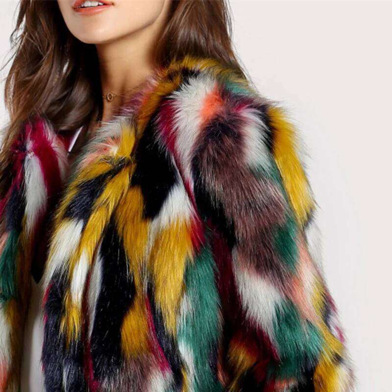Fashion Contrast Multi Color Faux Fur Long Hairy Shaggy Outwear Autumn Winter Short Jacket Coat Tops Women Clothes