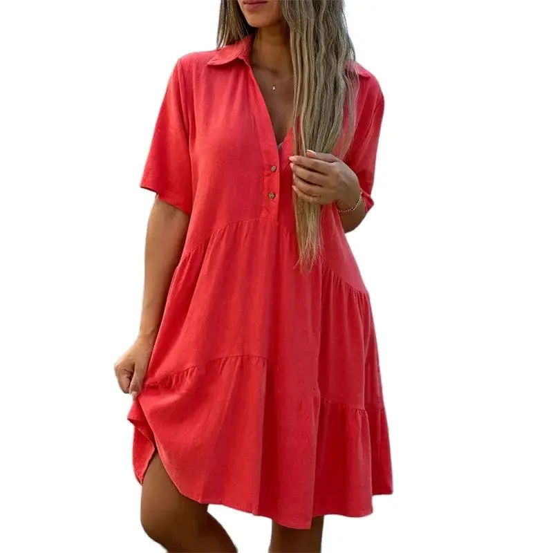Women Cotton Linen Solid Color Dresses Lapel Button Patchwork Dress Summer Casual High Waist Short Sleeves Female Gown 250529