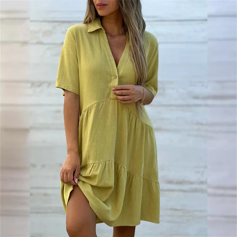 Women Cotton Linen Solid Color Dresses Lapel Button Patchwork Dress Summer Casual High Waist Short Sleeves Female Gown 250529