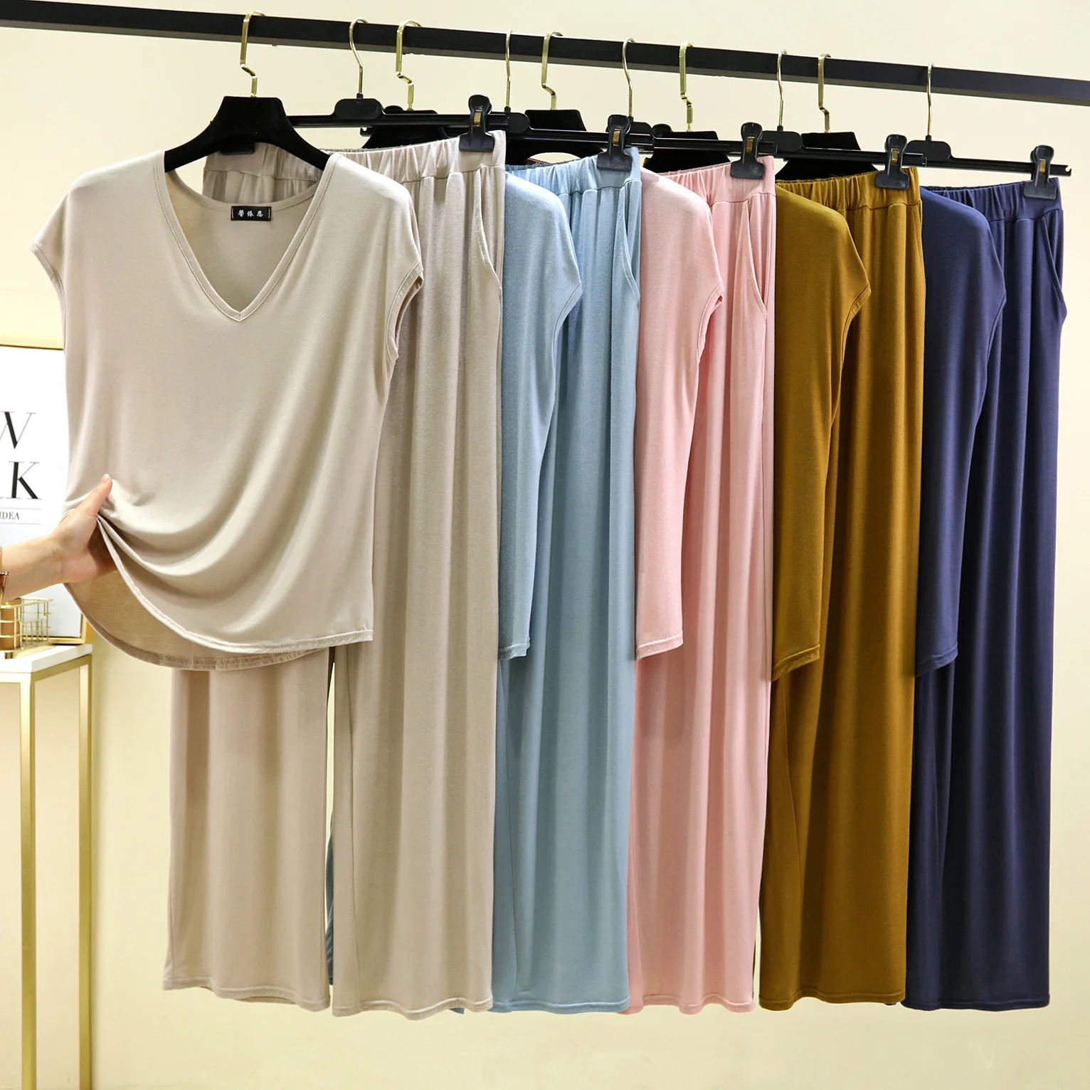 Modal Homewear 2pcs set V-Neck Tshirt sleeveless and Pants summer womens Loose sleepwear suits Solid color Casual Pajamas sets 250616